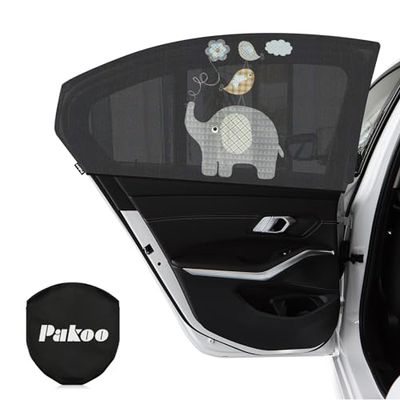 Pakoo Car Window Shade for Baby, UV Protection Breathable Mesh Baby Window Covers, Universal Fit Stretchable Sun Shades, Keep Car Interior Cool and Comfortable for Toddler Kids Children (2 Pack)