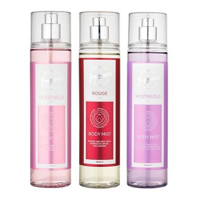 Designer Fragrances 3 Pack Assorted Bundle - Tu Est Belle - Rouge - Mysterious - Women's Feminine Body Mist Sprays - For Silky Soft, Beautifully Smelling Divine & Fresh Skin, Great Gifts - 250ml