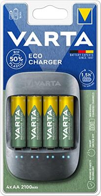 Varta Eco - Carregador de 4 pilhas Ni-MH AAA/AAA, 50% bioplástico (+4 x AA 2100 mAh)