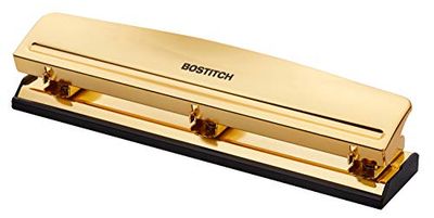 Bostitch Office 3 agujeros, capacidad de 12 hojas, metal duradero, cromado dorado, base de goma