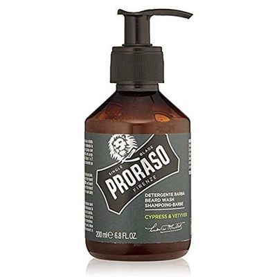 Proraso Detergente Barba Cypress & Vetyver, 200ml, Shampoo barba detergente per uomo con azione purificante per la cura della barba, Made in Italy