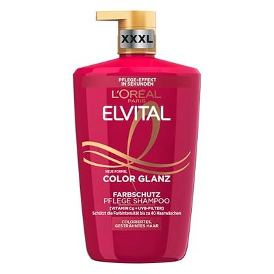 L'Oréal Paris Elvital Shampoing XXXL pour cheveux colorés, teints ou méchés, à l'extrait de pivoine et filtre UVA/UVB, 1 x 1000 ml