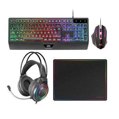 Mars Gaming MCP124PRO, Gaming Combo 4in1, RGB H-Mech Keyboard with Wrist Rest, RGB Mouse 3200DPI and HUANO Switches, FRGB Headset, Nanotextile Mousepad 36x26cm, Multiplatform, Portuguese, Black