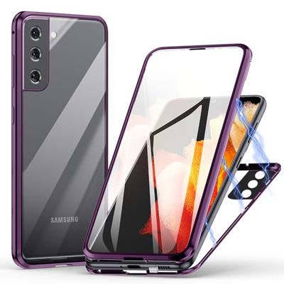 Hoesje voor Samsung Galaxy S22 5G, magnetische adsorptie, mobiele telefoonhoes, 360 graden bescherming, aluminium frame met gehard glas, sterke magneten, schokbestendig metalen fliphoesje -paars