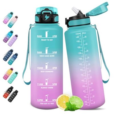 HoneyHolly 1,5 l motiverende waterfles met rietje, lekvrij, waterfles voor school, sportschool, camping, fietsen, yoga