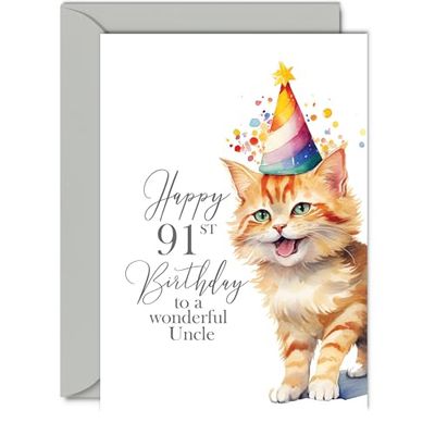 91st Birthday Cards for Uncle - Party Cat Kitten - Happy Birthday Card for 91 Year Old Uncle from Niece Nephew, A5 Bday Man Men Him Greeting Cards Gift for Uncle Birthday Gifts