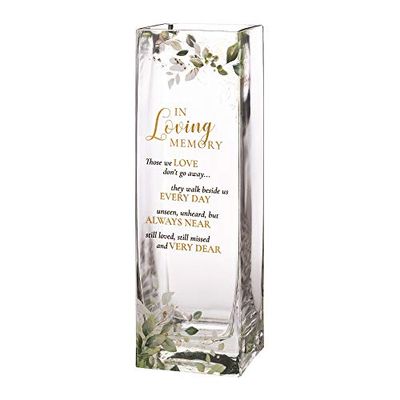 Lillian Rose CA845 Botanical Theme Memorial Flower Vase with Sympathy Verse, Glass, Multicolor,3.15x3.15x9.75