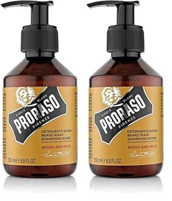 Proraso Detergente Barba Wood and Spice, 200ml, Shampoo barba detergente per uomo con azione purificante per la cura della barba, Made in Italy (Confezione da 2)