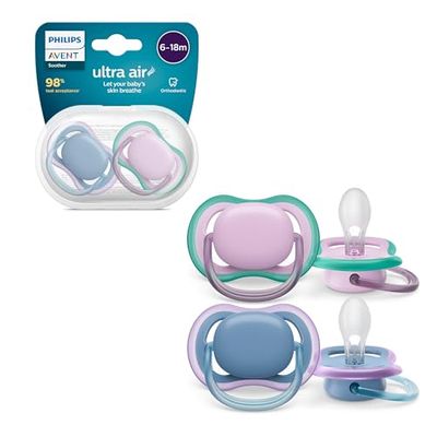 Philips Avent Ultra Air Smoczki, lekkie, przepuszczające powietrze smoczki dla dzieci w wieku 6–18 miesiecy bez bisfenolu A, z etui ze sterylizatorem, model SCF085/34