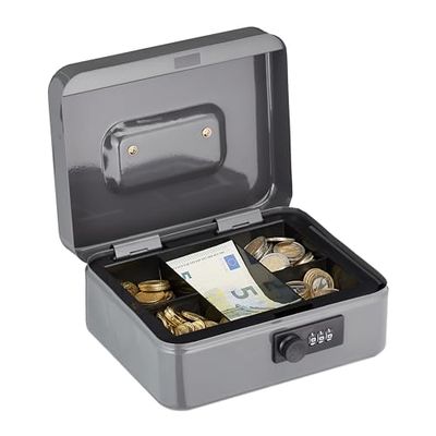 Relaxdays Caja Fuerte con Combinación de 3 Dígitos, Bandeja para Monedas, de Hierro, 8,5 x 20 x 17 cm, Gris