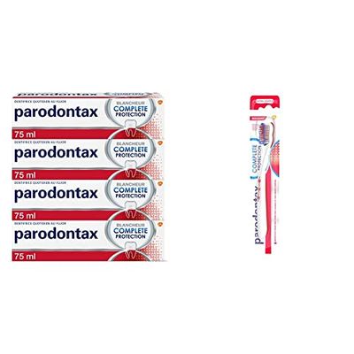 Parodontax Dentifrice Complete Protection Blancheur, 8 Benefices, Contre le Saignement Occasionnel des Gencives, Lot de 4x75ml & Brosse à Dents Complete Protection, Extra Souple