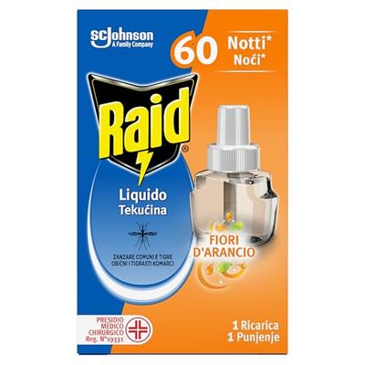 Raid Liquido Elettrico Antizanzare Comuni e Tigre, Ricarica, Fragranza Fiori d'Arancio, 1 Confezione da 1 Ricarica da 36ml, 60 Notti