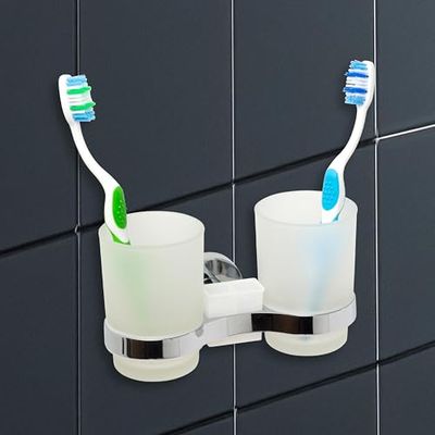 IPEA Porte-Brosse à Dents Autocollant Mural avec Double Verre – Pas Besoin de perçage – Design Moderne – élégant Porte-brosses à Dents et Dentifrice - Coller Salle Bain, Douche - Support Chromé