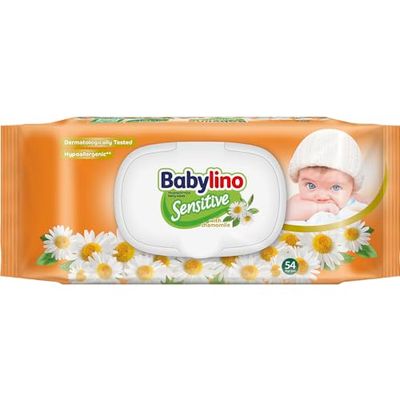 Chusteczki dla niemowląt Babylino Sensitive o delikatnym zapachu rumianku, 98% naturalna formuła przywracająca pH skóry, 1 opakowanie z zamknięciem utrzymującym świeżość, 54 chusteczki