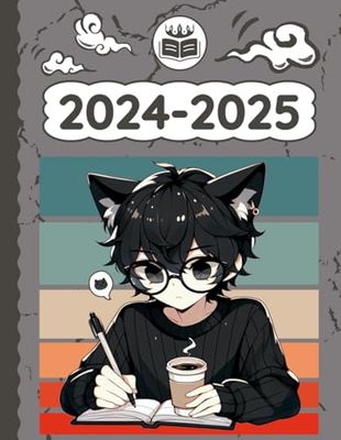 2024 2025 Anime Planner Smart Boy Neko Black Cat with Coffee & Sunglasses: Weekly and Monthly with Calendar (12 Month, Goals, Water & Sleep ... for Japanese Anime Lovers in School & Work