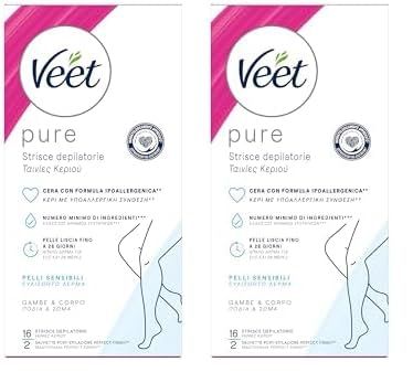 Veet Strisce Depilatorie Viso, Gambe, Corpo e Zona Bikini, Ipoallergeniche e Dermatologicamente Testate, 16 Strisce (8x2 Strisce) + Salviette Post-Epilazione Idratanti (Confezione da 2)
