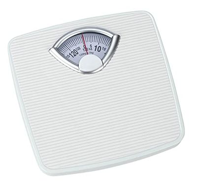 WENKO Mechanical, precise, analog body scale with large scale and non-slip tread, measuring range up to 130 kg in 1 kg steps, metal housing in white, 27 x 4.5 x 26.5 cm