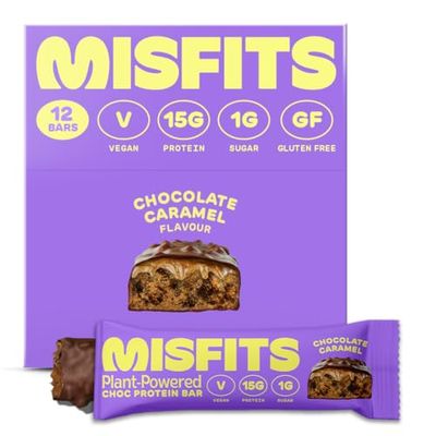 Misfits Vegan Protein Bar, saveur chocolat caramel, barre riche en protéines à base de plantes, faible teneur en sucre, faible teneur en glucides, sans gluten, sans produits laitiers, boîte de 12