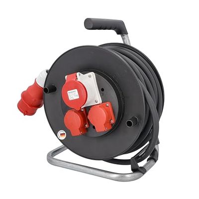 as - Schwabe enrollacables CEE de 20 m H07RN-F 5G2,5-2 Tomas de Tierra de 230 V, 1 Toma CEE de 5 Polos, 400 V 16 A - con Tapa abatible - para Uso en Exteriores y Obras - IP44, 10158