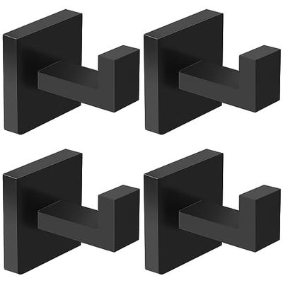 IBosins Paquete de 4 ganchos para toallas de mano para baño, pared, sala de estar, dormitorio, cocina, armario, gancho de acero inoxidable resistente para bata, toalla de baño, abrigo (cuadrado negro