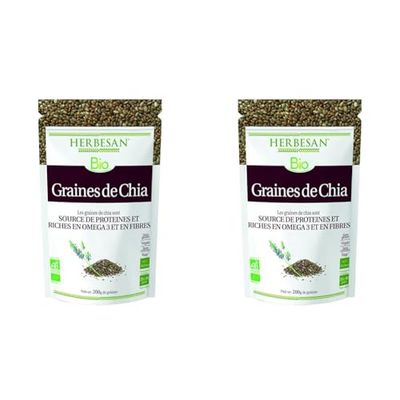 HERBESAN®-GRAINES DE CHIA BIO - Source de Protéines & Riches en Fibres et en Omega 3 - Sachet de 200g (Lot de 2)