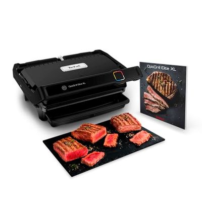 Tefal OptiGrill Elite XL GC760812 - Barbacoa de contacto con 16 programas, pantalla digital con indicador de cocción, placas XL desmontables, parrilla eléctrica, color negro