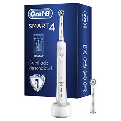 Oral-B Smart 4 4000N Smart Cepillo eléctrico recargable con tecnología de Braun, 1 mango conectado negro con Bluetooth, 2 cabezales de recambio, color Blanco