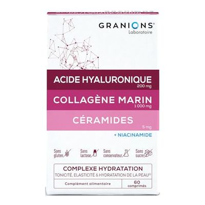 GRANIONS COLLAGENE MARIN | Collagene et Acide Hyaluronique - Collagene marin + Acide Hyaluronique + Niacinamide + Ceramides - Hydratation, Elasticité, Tonicité de la peau - 60 comprimés | Cure 1 mois