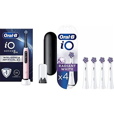 Oral-B iO5N Cepillo de Dientes Eléctrico con Mango Recargable, Inteligencia Artificial iO, 1 Cabezal y Funda de Viaje - Rosa & iO Radiant White Recambios Blanco - Originales