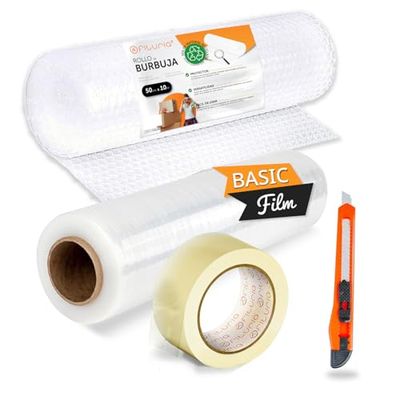 Nastro Adesivo, Film Trasparente, Rotolo di Pluriball e Taglierino per Imballaggio di Scatole e Mobili, Kit Completo di Imballaggio, Protezione Ideale per Spedizioni e Traslochi - Ofituria (Kit Total)