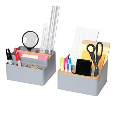 Seville Classics Office Desk, Pens, Utensils, Makeup, K Cup, Plastic, Bamboo/Gray, 2 Piece Caddy