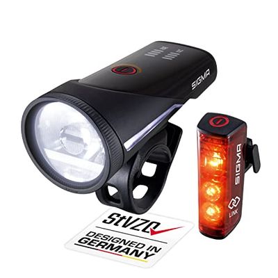 SIGMA Kit d'éclairage vélo Aura 100/Blaze Link (Support en Silicone) | Fonction de couplage innovante Eclairage vélo à LED 100 lux à l'avant | Feu arrière avec Fonction feu de Stop