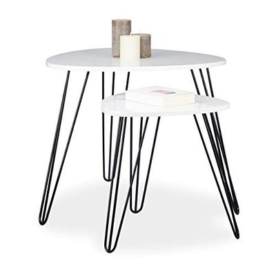 Relaxdays Mesa auxiliar branca triangular, conjunto de 2 unidades, mesas centro de design, DM - metal, 60 e 40 cm Ø, branco