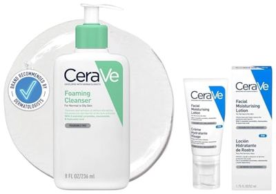 CeraVe PM Daily Facial Moisturiser Lotion for Normal to Dry Skin 52ml with Niacinamide and 3 Essential Ceramides & Foaming Cleanser for Normal to Oily Skin with Niacinamide and 3 Essential Ceramides