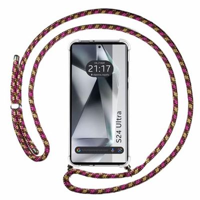 Tumundosmartphone Transparent Hanging Case for Samsung Galaxy S24 Ultra 5G with Pink/Gold Cord
