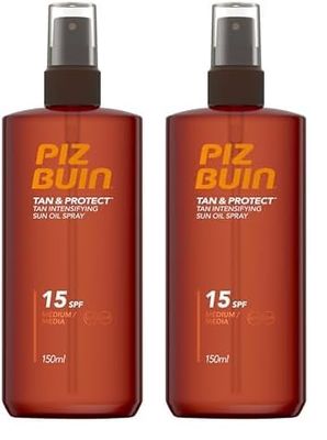 PIZ BUIN Protector Solar Líquido en Spray SPF15, Tan & Protect Acelerador del Bronceado Corporal y Facial, No comedogénico, para todos los tipos de piel, con Vitamina E y Protección UVA/UVB, 150 ml