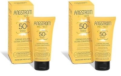 Angstrom Protect Crema Solare Viso SPF 50+, Azione Idratante ed Intensificatore dell'Abbronzatura, Indicata per Pelli Sensibili, 50 ml (Confezione da 2)