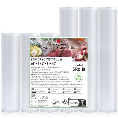 KitchenBoss Vacuum Sealer Bag Vacuum Film 3 Rolls 15 x 300 cm + 3 Rolls 20 x 300 cm, Sealing Film for Vacuum Sealers BPA-Free, Foil Rolls Tear-Resistant