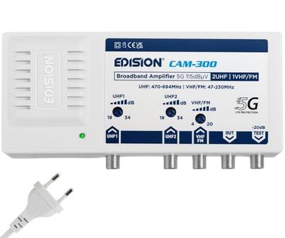 EDISION CAM-300 TV-antenneversterker, breedband, 2UHF, 1VHF/FM, 18-34db verstelbaar, 115dBmV, voor digitaal terrestrisch DVB-T/T2, met 5G LTE filter, UHF 470-694 MHz, VHF/FM 47-230MHz