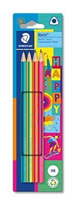 Staedtler Noris Happy 118 BK4 HA Crayons triangulaires à rayures colorées haute résistance à la rupture Dureté HB 4 crayons dans carte de suspension