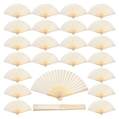 60 Pcs White Paper Hand Fan Bamboo Folding Fan Handheld Wedding Fans Folded Fan for Bridal Dancing Party Favors Church Home Office Decoration Gift DIY Supplies Stage Props in Opp Individual Package