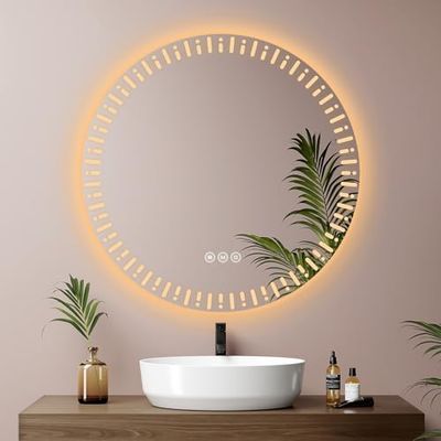 EMKE Specchio da bagno rotondo retroilluminato a LED, diametro 70 cm, con antiappannamento+interruttore a sfioramento+3 colori di luce variabili, specchio decorativo rotondo alla moda