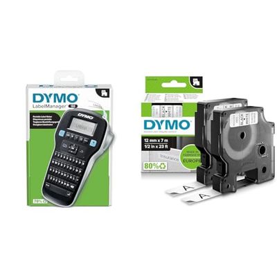 DYMO LabelManager 160 Etichettatrice portatile & D1 etichette, stampa nero su bianco, 12x7 mm, etichette autoadesive per stampanti LabelManager, 2 pezzi