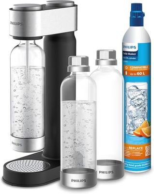 Philips ADD4902BKA/10 GoZero, 3 bottiglie d'acqua senza BPA, in plastica, 1 cilindro CO2 per fino a 60 l di acqua gassata, colore: nero