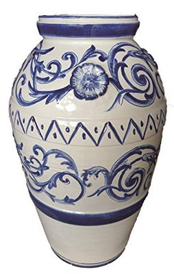 GIARA BLUE E BIANCA IN CERAMICA DI VIETRI DIPINTA A MANO + SOTTOVASO IN CERAMICA BIANCA; ORCIO ALTEZZA CM. 50, DIAMETRO PANCIA CM. 30 ANFORA
