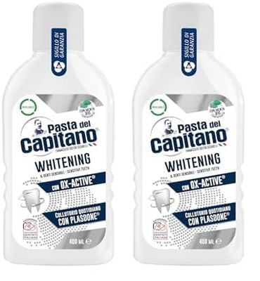 Pasta del Capitano, Bain de Bouche Blancheur & Dents Sensibles, Bain de Bouche Quotidien, Restaure la Blancheur Naturelle sans Endommager l'Émail, 100% Made in Italy, Flacon de 400 ml (Lot de 2)