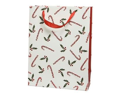 Decoris Giftbag Paper Rectangle Glitter Berry with Handle fsc 100% Decoration: Berry Branch-Candy Cane_L18.00-W50.00-H72.00cm, White, Large