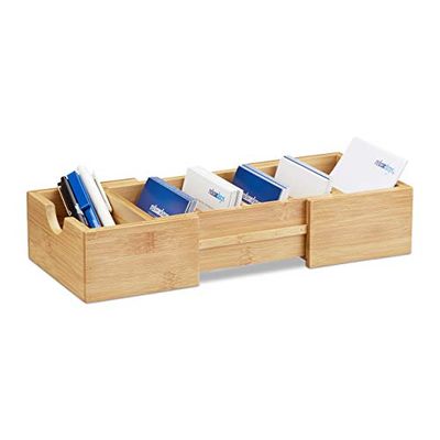 Relaxdays Bamboo Index Box DIN A8, Business Card Organiser, Pull-Out, HxWxD: ca 5.5 x 13 x 30 cm, Natural Brown