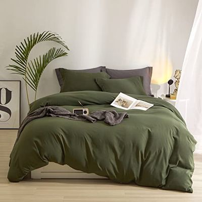 AMWAN Army Green Duvet Cover Set - Modern Soft Olive Green Comforter & 2 Pillowcases - 80”x90”