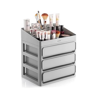 InnovaGoods - Organisateur de Maquillage Polyvalent, 3 Tiroirs Grande Capacité, Plateau Amovible avec 9 Compartiments, Multifonctionnel, Design Moderne, Gris, Polypropylène